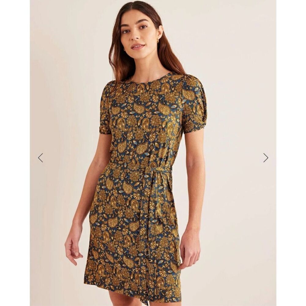 Boden Knot Detail Jersey Mini Dress Women's 14R Harvest Gold Paisley Terrace